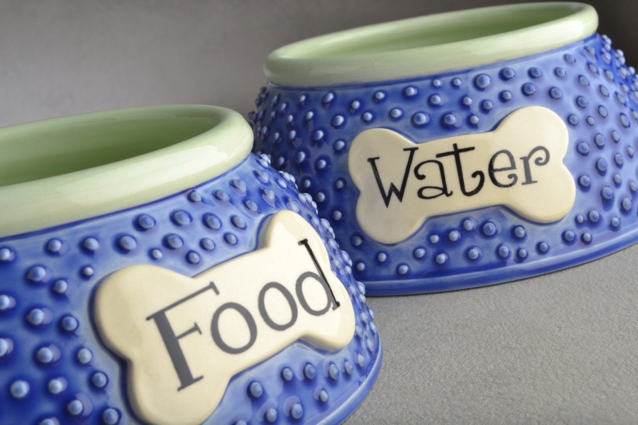 Personalized Spaniel Dog Bowl Set Long Ear Dottie Ceramic Pet Dishes Made To Order By Symmetrical Pottery