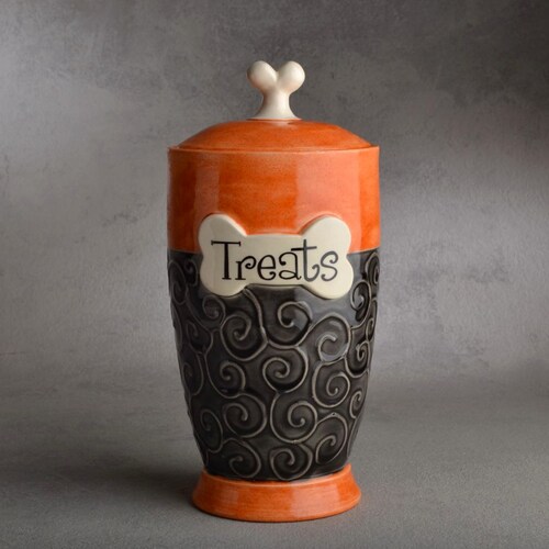 Personalized Dog Treat Jar Orange and Clear Black Ceramic Pet Container Made To Order by Symmetrical Pottery