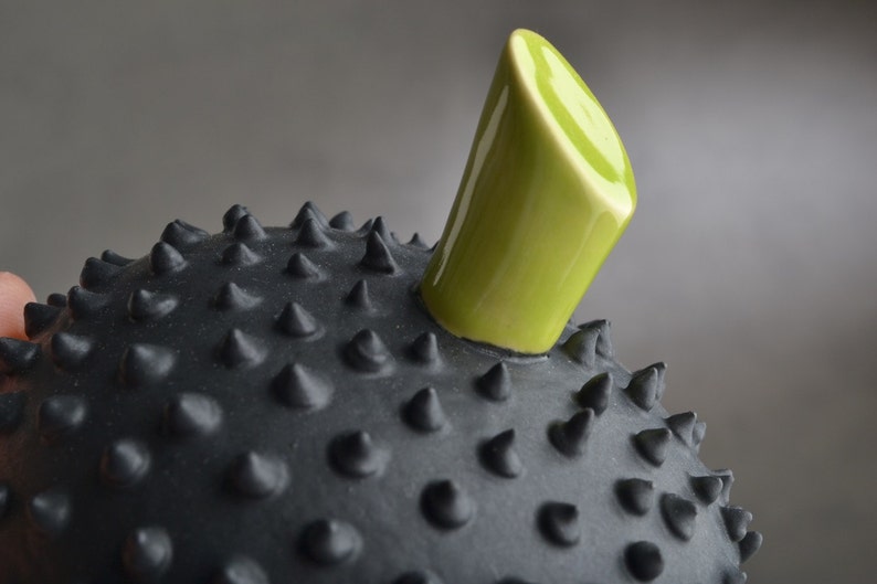 Spiky Butter Dish Made To Order Chartreuse And Black Butter Keeper by Symmetrical Pottery