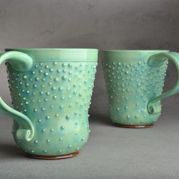Dottie Coffee Mugs Made To Order Set of 2 Light Bluish Green Dottie Coffee Mugs Cups by Symmetrical Pottery