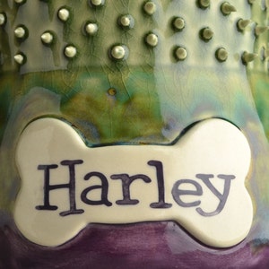 Personalized Dog Treat Jar Purple Green Spiky Collared Ceramic Pet Container Made To Order by Symmetrical Pottery image 3