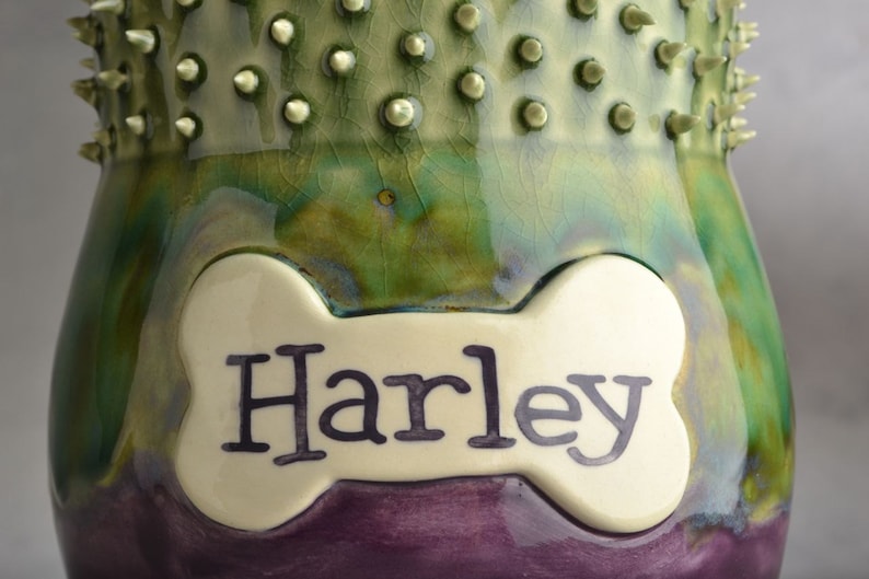 Personalized Dog Treat Jar Purple Green Spiky Collared Ceramic Pet Container Made To Order by Symmetrical Pottery image 3