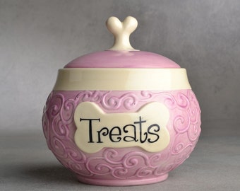 Personalized Dog Treat Jar Curls Lilac Ceramic Pet Container Made To Order by Symmetrical Pottery