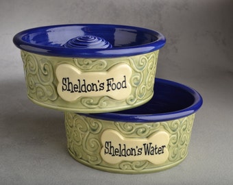 Personalized Slow Feeder Dog Bowl Set Curls Ceramic Pet Dishes Made To Order by Symmetrical Pottery