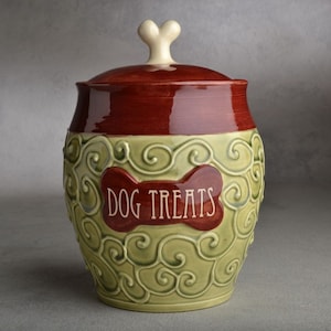 Personalized Dog Treat Jar Green & Red Slip Trailed Ceramic Pet Jar Container Made To Order by Symmetrical Pottery