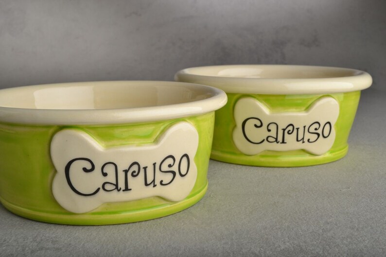 Personalized Slow Feeder Dog Bowl Set Green White Smooth Ceramic Pet Dishes Made To Order by Symmetrical Pottery image 3