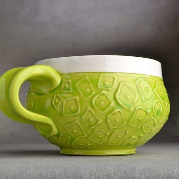 Hip To Be Squares Mug Made To Order Neon Green Slip-trailed Soup/Cocoa Mug