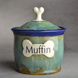 Personalized Dog Treat Jar Blue and Green Drippy Ceramic Pet Container Made To Order by Symmetrical Pottery image 9