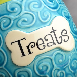 Personalized Dog Treat Jar Blue Green Curls Ceramic Pet Container Made To Order by Symmetrical Pottery image 4