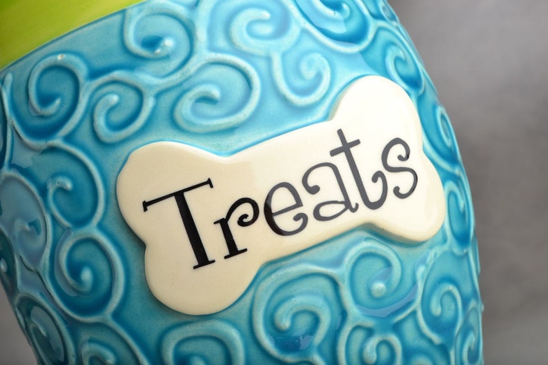 Personalized Dog Treat Jar Blue Green Curls Ceramic Pet Container Made To Order by Symmetrical Pottery image 4