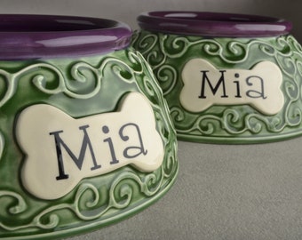 Personalized Spaniel Dog Bowls Long Ear Curls Pet Dishes Set Jade/Dk Purple Made To Order by Symmetrical Pottery