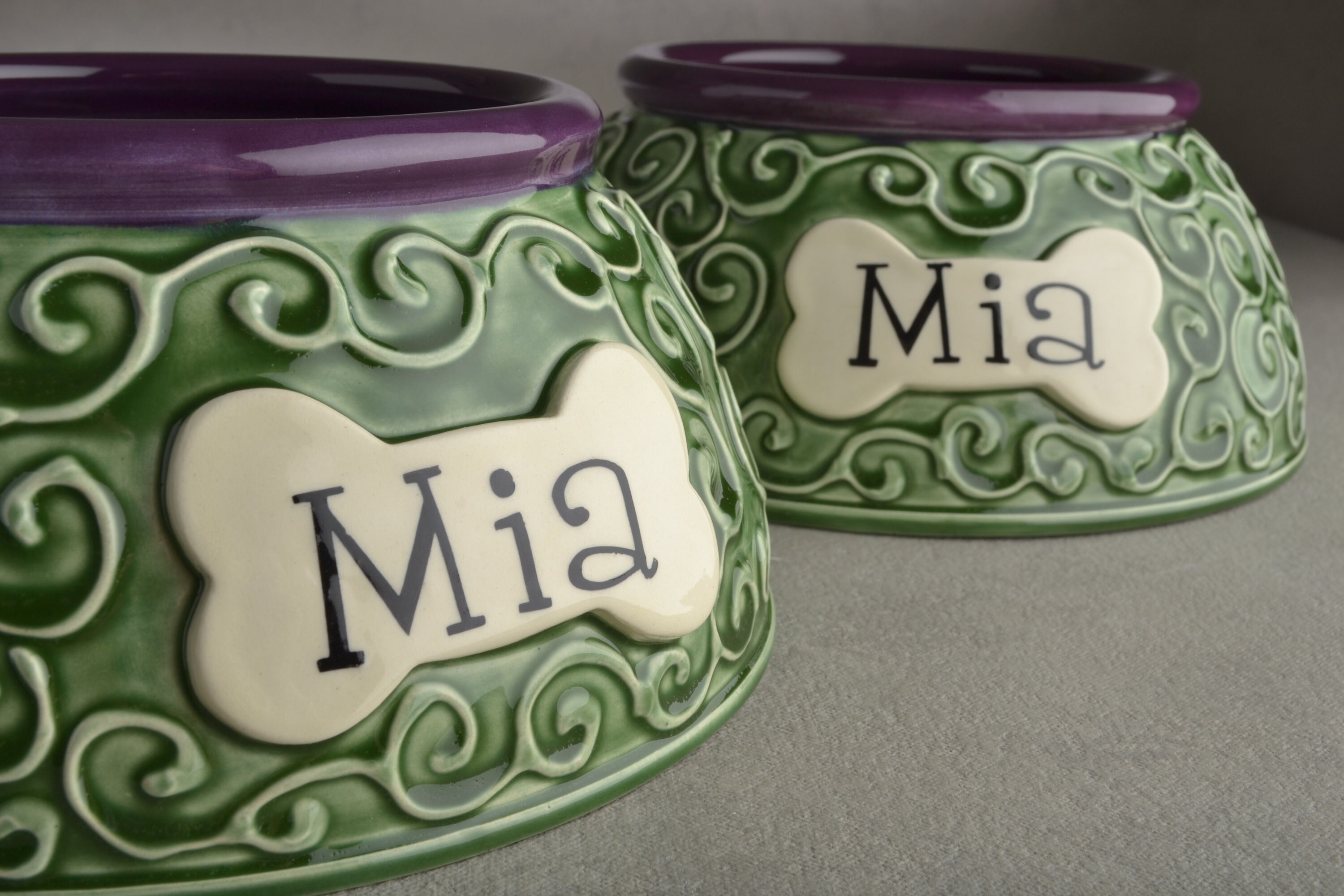 Personalized Spaniel Dog Bowls Long Ear Curls Pet Dishes Set Jade/Dk Purple Made To Order By Symmetrical Pottery