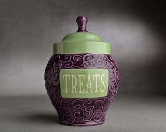 Personalized Pet Treat Jar Green & Purple Wheel Thrown Ceramic Pet Container Made To Order by Symmetrical Pottery