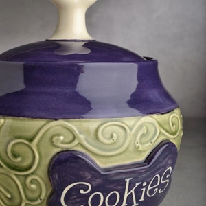 Personalized Dog Treat Jar Green and Purple Ceramic Pet Container Made To Order by Symmetrical Pottery image 3