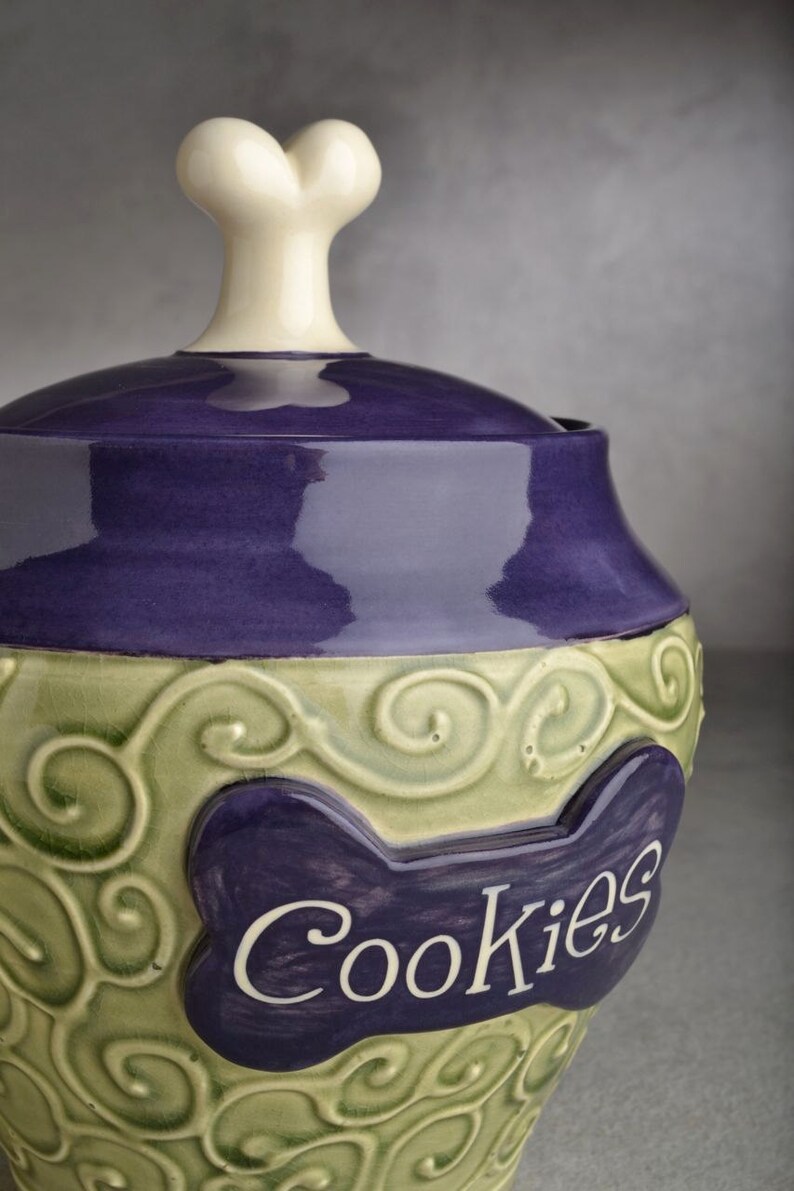 Personalized Dog Treat Jar Green and Purple Ceramic Pet Container Made To Order by Symmetrical Pottery image 3