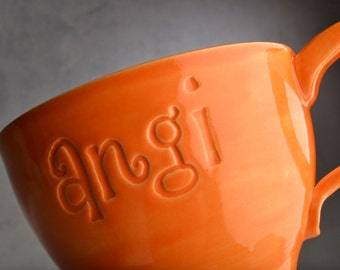 Personalized Mug Made To Order Ceramic Stamped Custom Soup Cocoa Tea Cup by Symmetrical Pottery