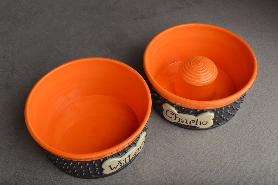 Personalized Slow Feeder Dog Bowl Set Spiky Ceramic Pet Dishes Etsy