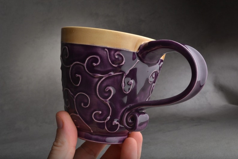 Curly Mug Made To Order Purple and Mocha Slip Trailed Mug by Symmetrical Pottery image 5