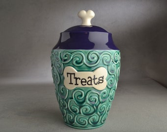 Personalized Dog Treat Jar Curls Sea Mist Green and Indigo Purple Ceramic Pet Container Made To Order by Symmetrical Pottery