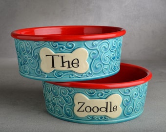 Dog Bowl Set Personalized Curls Ceramic Pet Dishes Made To Order by Symmetrical Pottery