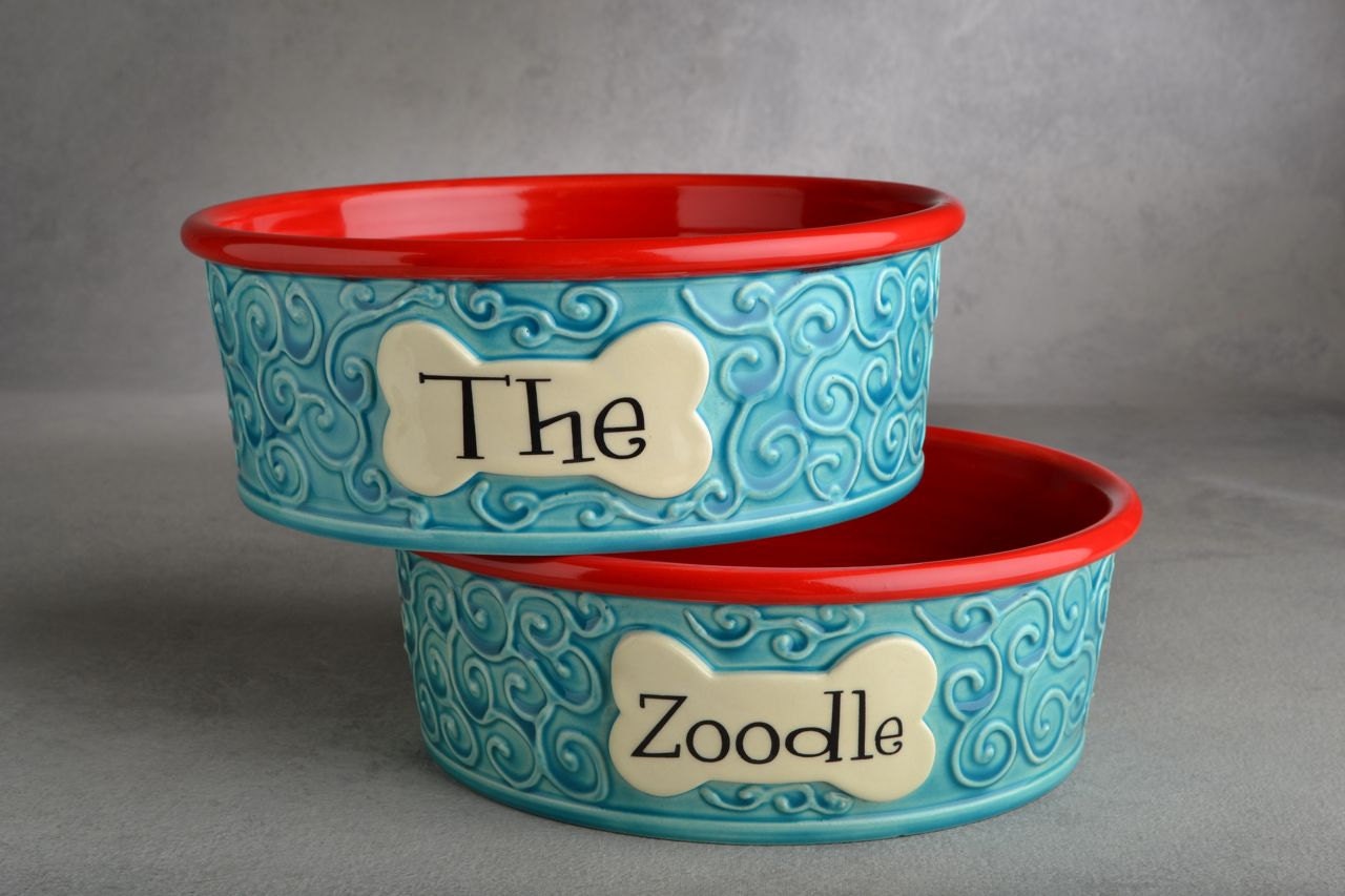 Dog Bowl Set Personalized Curls Ceramic Pet Dishes Made to Etsy