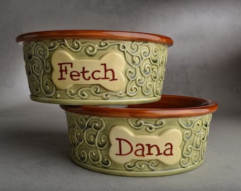 Personalized Dog Bowl Set Curls Green Brown Ceramic Pet Dish Made To Order by Symmetrical Pottery