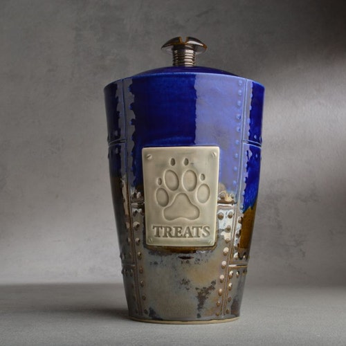 Dog Treat Jar Blue Sheet Metal Ceramic Pet Container Made To Order by Symmetrical Pottery