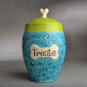 Personalized Dog Treat Jar Blue Green Curls Ceramic Pet Container Made To Order by Symmetrical Pottery