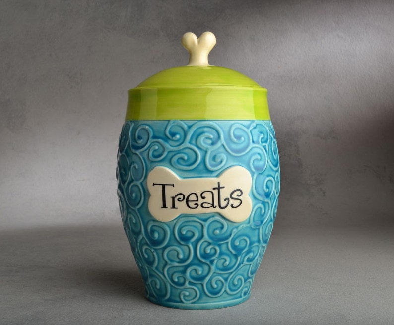 Personalized Dog Treat Jar Blue Green Curls Ceramic Pet Container Made To Order by Symmetrical Pottery image 1