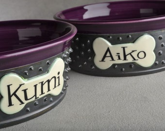 Personalized Dog Bowl Set Black Purple Spiky Ceramic Pet Dishes Made To Order by Symmetrical Pottery