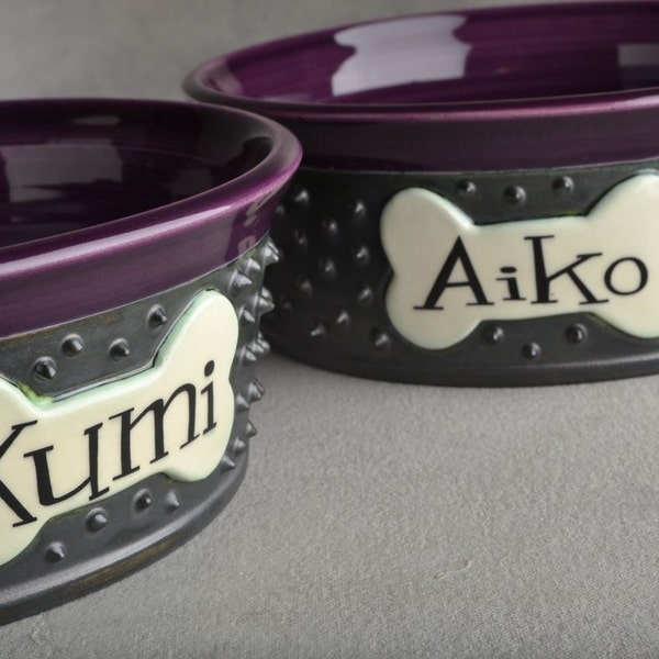 Personalized Dog Bowl Set Black Purple Spiky Ceramic Pet Dishes Made To Order by Symmetrical Pottery