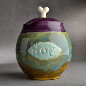 Dog Treat Jar Stamped Dog Plaque Ceramic Pet Container Made To Order by Symmetrical Pottery