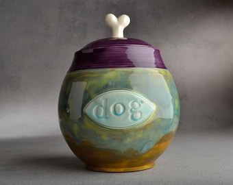 Dog Treat Jar Stamped Dog Plaque Ceramic Pet Container Made To Order by Symmetrical Pottery