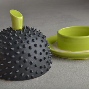 Spiky Butter Dish Made To Order Chartreuse And Black Butter Keeper by Symmetrical Pottery image 3