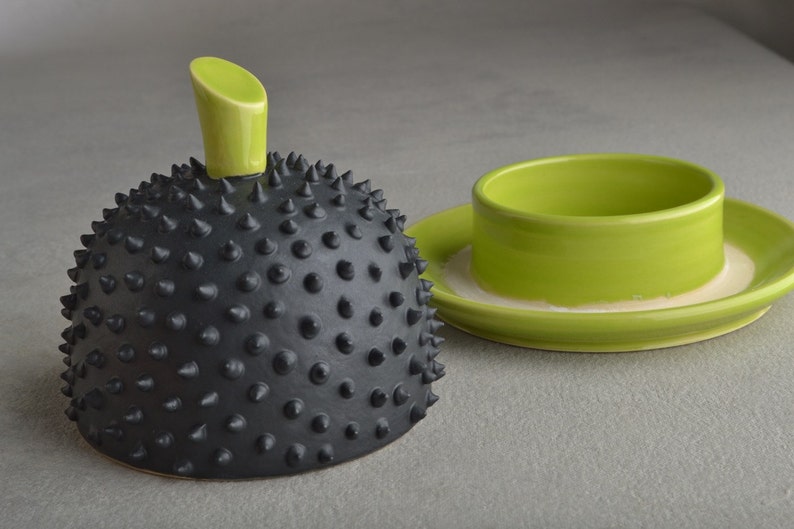 Spiky Butter Dish Made To Order Chartreuse And Black Butter Keeper by Symmetrical Pottery