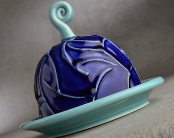 Butter Dish Cobalt and Angi's Aqua Blue Butter Keeper Ready To Ship by Symmetrical Pottery