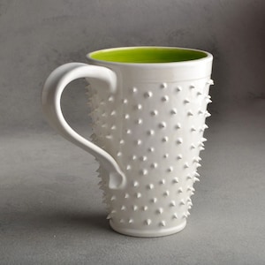 Spiky Mug Made To Order White and Neon Green Dangerously Spiky Travel Coffee Mug Cup by Symmetrical Pottery