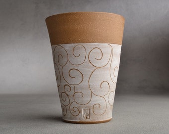 Carved Curls Tumbler Ready To Ship Brown and White Carved Stoneware Tumbler by Symmetrical Pottery