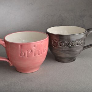 Bride Groom Coffee Mugs Made To Order Bride & Groom Stamped Coffee Soup Cocoa Mugs by Symmetrical Pottery image 2