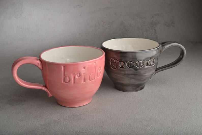 Bride Groom Coffee Mugs Made To Order Bride & Groom Stamped Coffee Soup Cocoa Mugs by Symmetrical Pottery image 2