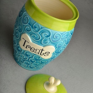 Personalized Dog Treat Jar Blue Green Curls Ceramic Pet Container Made To Order by Symmetrical Pottery image 3