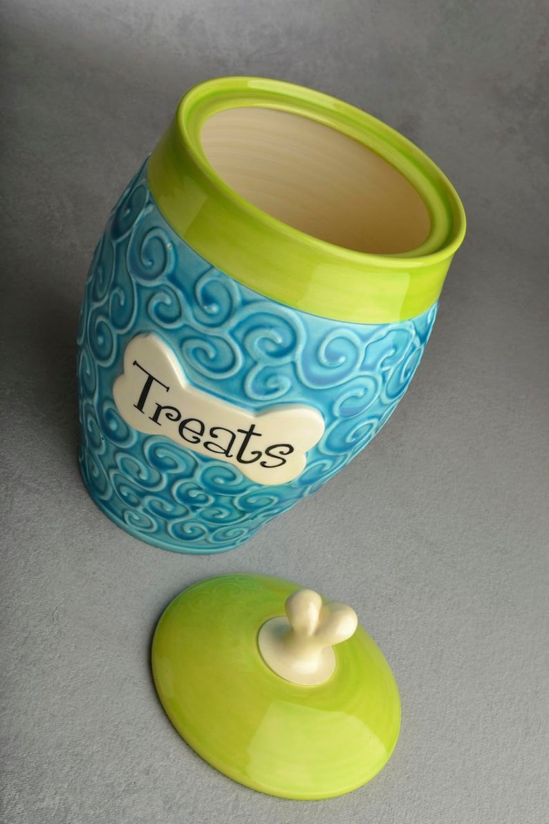 Personalized Dog Treat Jar Blue Green Curls Ceramic Pet Container Made To Order by Symmetrical Pottery image 3