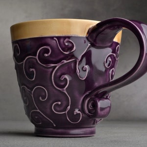 Curly Mug Made To Order Purple and Mocha Slip Trailed Mug by Symmetrical Pottery image 1