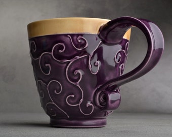 Curly Mug Made To Order Purple and Mocha Slip Trailed Mug by Symmetrical Pottery