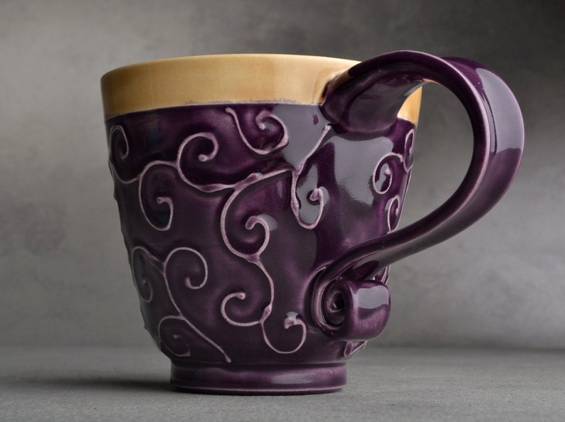 Curly Mug Made To Order Purple and Mocha Slip Trailed Mug by Symmetrical Pottery image 1