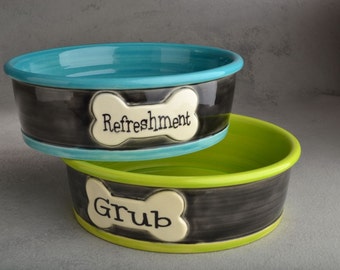 Dog Bowl Set Personalized Smooth Ceramic Pet Dishes Made To Order by Symmetrical Pottery