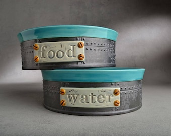 Personalized Slow Feeder Dog Bowl Set Blue Black Ceramic Pet Dishes Made To Order by Symmetrical Pottery