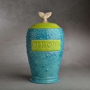 Cat Treat Jar Made To Order Fish Tail Meow Stamped Dottie Cat Treat Jar by Symmetrical Pottery image 1