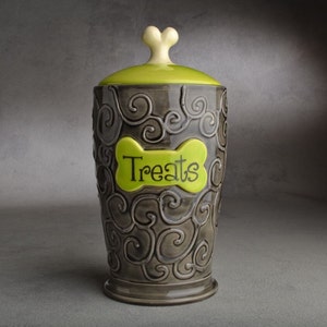 Personalized Dog Treat Jar Black & Green Ceramic Pet Container Made To Order by Symmetrical Pottery