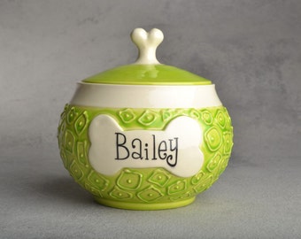 Personalized Dog Treat Jar Hip To Be Squares Ceramic Pet Container Made To Order by Symmetrical Pottery